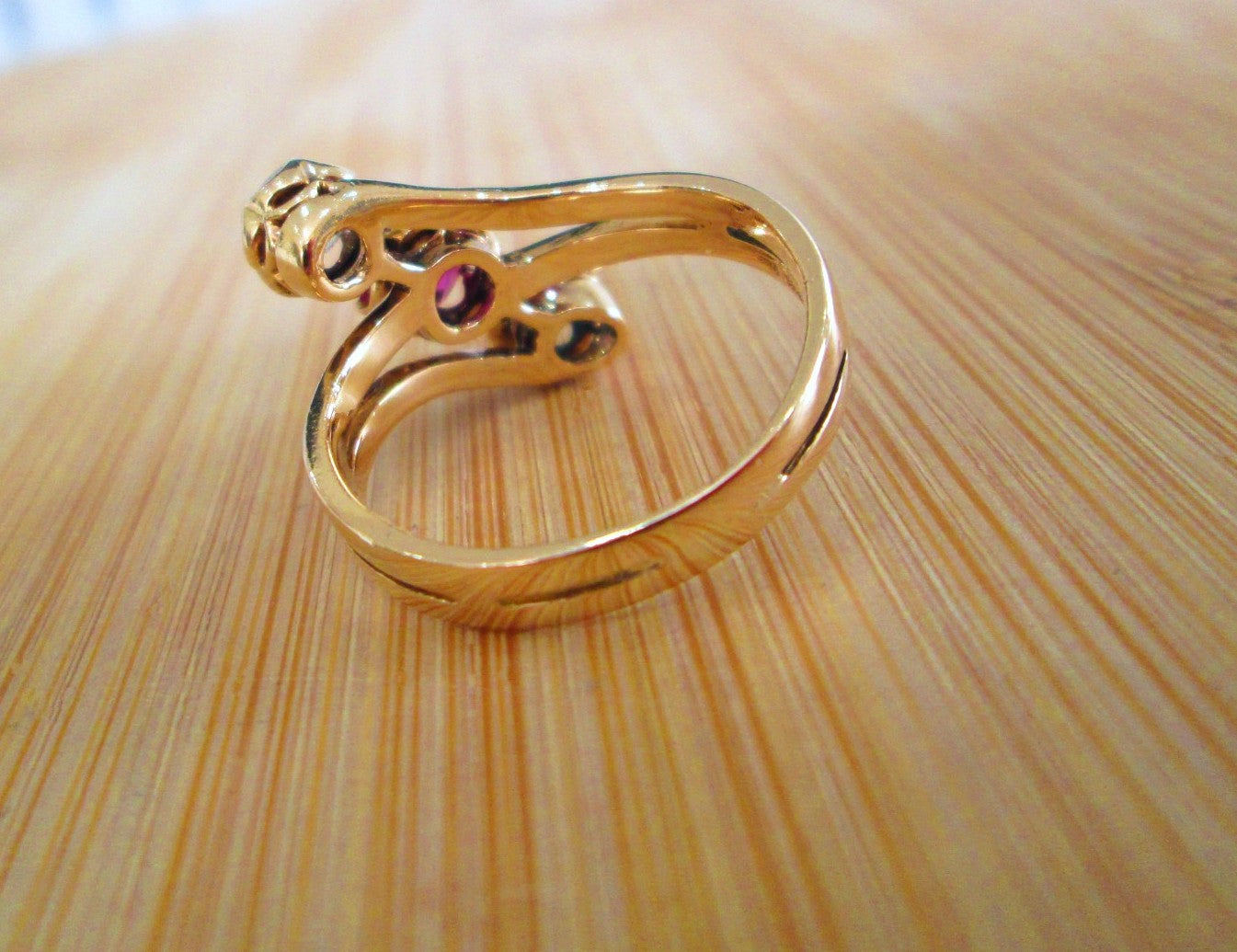 Vintage 14ct Gold Ruby & Old Mine Cut Diamond Trilogy Bypass Ring