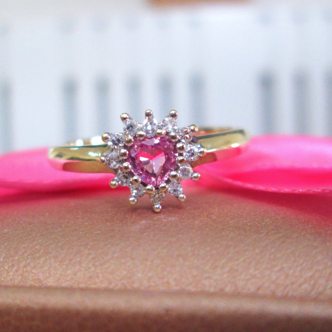 9ct Yellow Gold Heart Cut Pink Sapphire & Diamond Cluster Ring