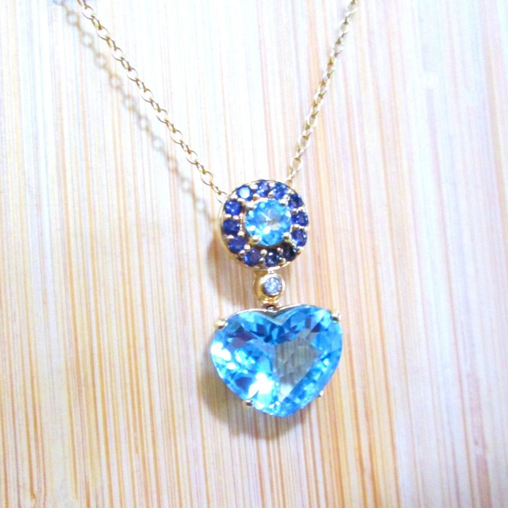 9ct Yellow Gold Heart Cut Topaz & Amethyst & Diamond Pendant Necklace