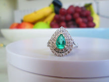 Load image into Gallery viewer, 18ct White Gold 1.80ct Pear Cut Emerald &amp; Brilliant Diamond Halo Cluster Ring
