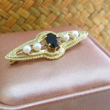 Load image into Gallery viewer, 9ct Yellow Gold Oval Cut Sapphire &amp; Cultured Pearl Pin Brooch
