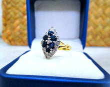 Load image into Gallery viewer, 1970s 18ct Yellow Gold Sapphire &amp; Diamond Cluster Navette Ring
