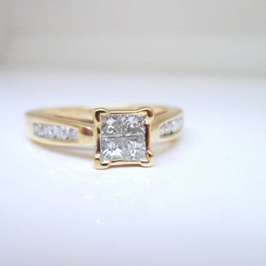 10ct Yellow Gold Illusion Bezel Set Princess Cut Diamond Cluster Ring