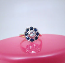 Load image into Gallery viewer, 1970s 18ct Yellow Gold Old Cut Diamond &amp; Sapphire Cluster Ring
