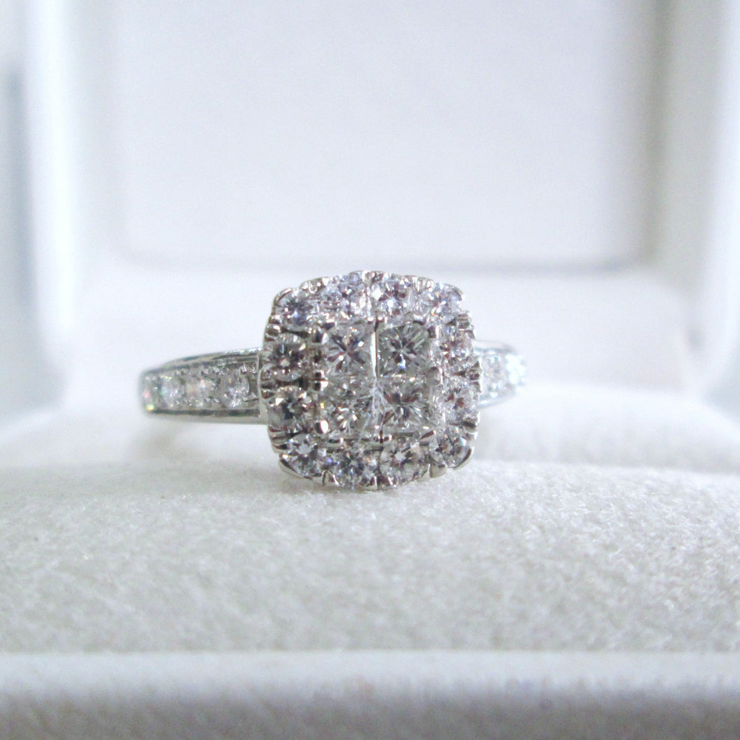 9ct White Gold Princess & Brilliant Cut Diamond Halo Cluster Ring