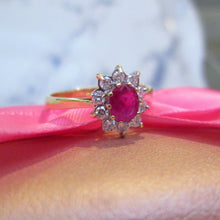 Load image into Gallery viewer, 18ct Yellow Gold Ruby &amp; Brilliant Cut Diamond Cluster Halo Ring
