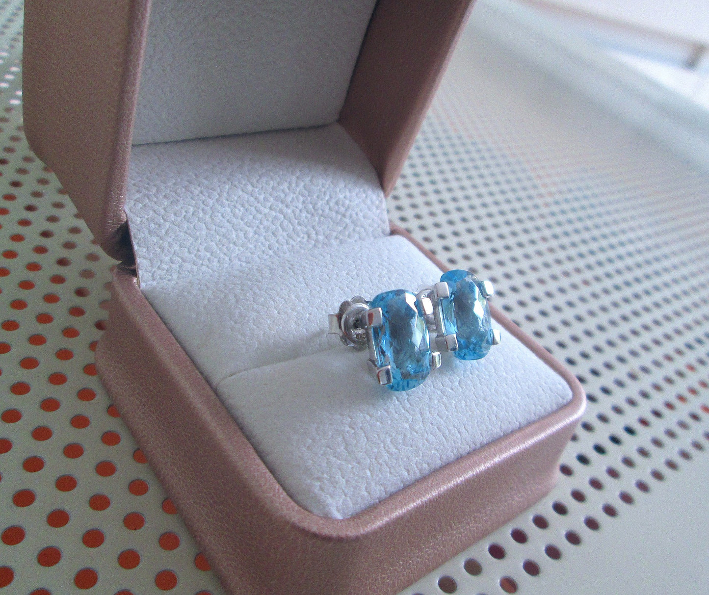 18ct White Gold Large Swiss Blue Topaz Stud Earrings Checkerboard Cushion Studs
