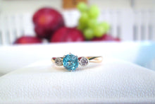 Load image into Gallery viewer, 9ct Yellow Gold &amp; Platinum Old Cut Blue Zircon &amp; Diamond Trilogy Ring
