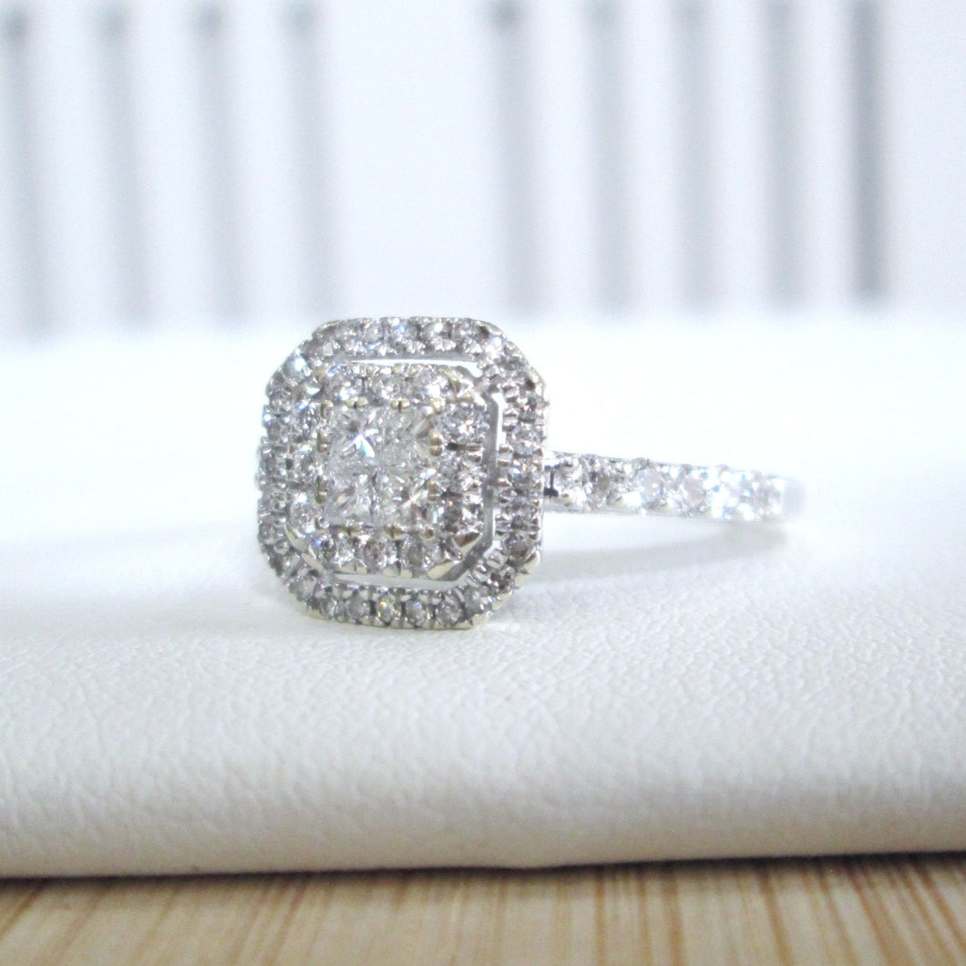 9ct White Gold Princess & Round Brilliant Cut Princessa Diamond Halo Cluster Ring