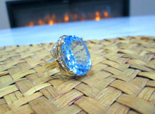 Load image into Gallery viewer, 14ct Yellow Gold Heavy Large Oval Cut Blue Topaz &amp; Diamond Solitaire Ring
