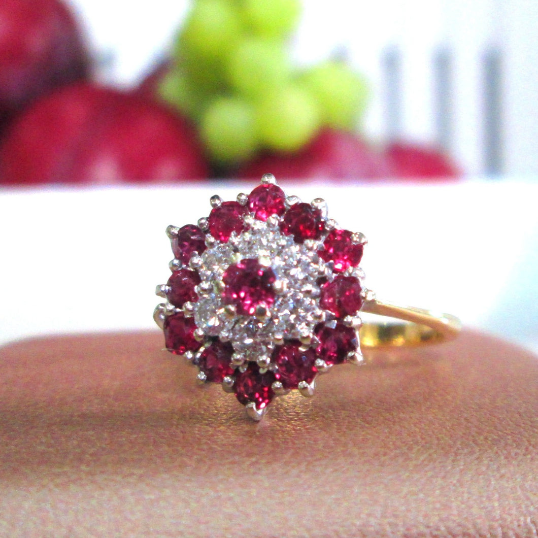 1970s 18ct Yellow Gold Ruby & Diamond Cluster Ring