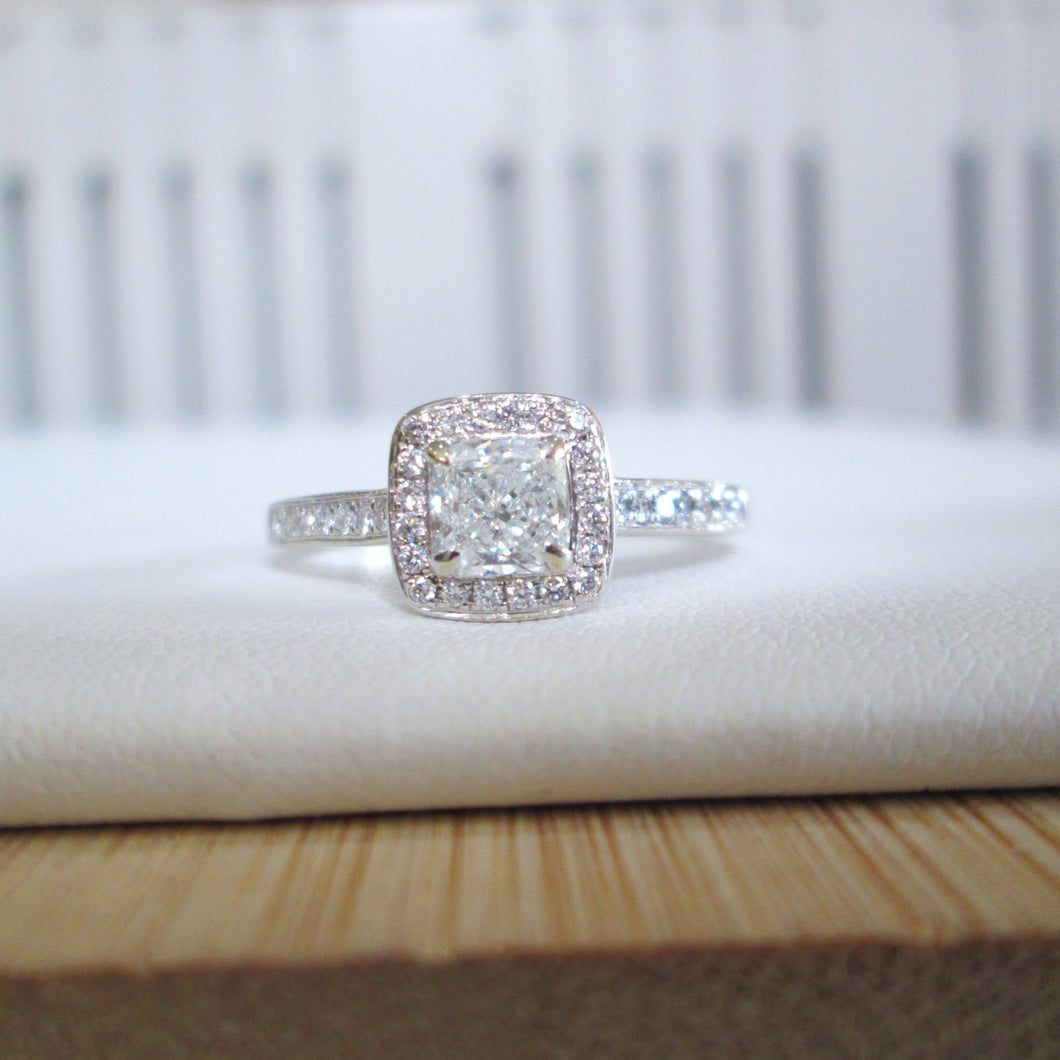 18ct White Gold .70ct Radiant Cut Diamond Halo Engagement Ring