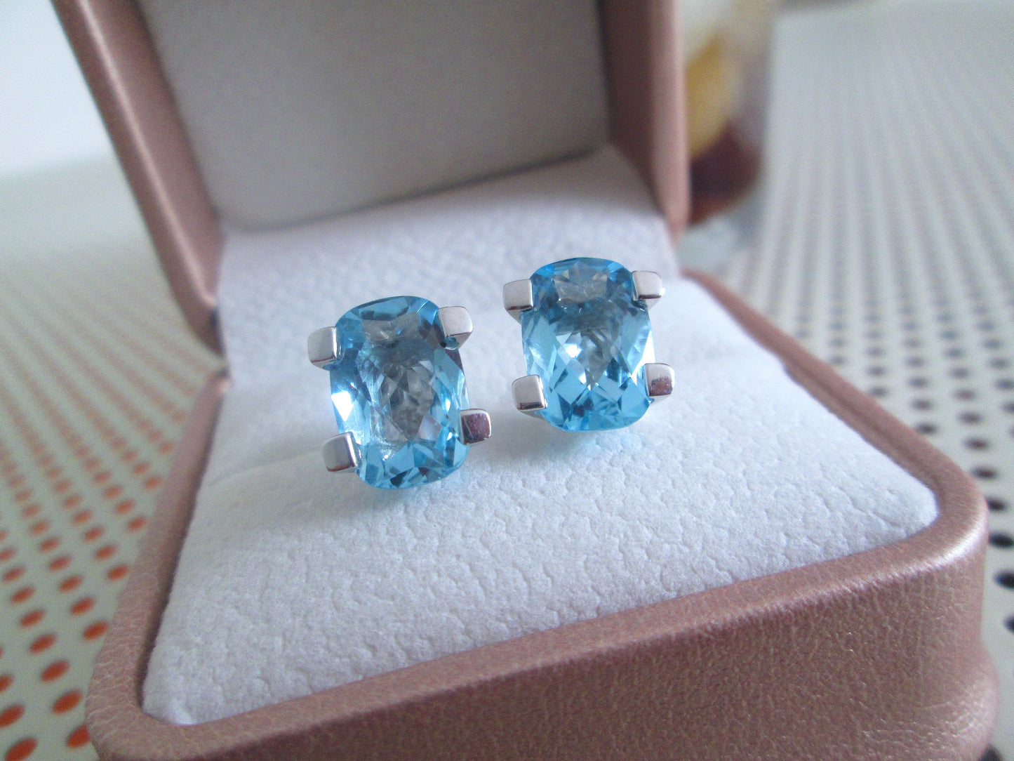 18ct White Gold Large Swiss Blue Topaz Stud Earrings Checkerboard Cushion Studs