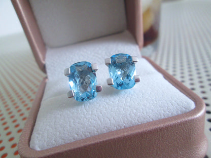 18ct White Gold Large Swiss Blue Topaz Stud Earrings Checkerboard Cushion Studs