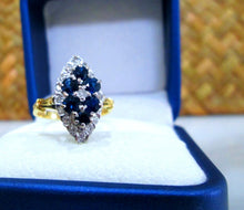 Load image into Gallery viewer, 1970s 18ct Yellow Gold Sapphire &amp; Diamond Cluster Navette Ring
