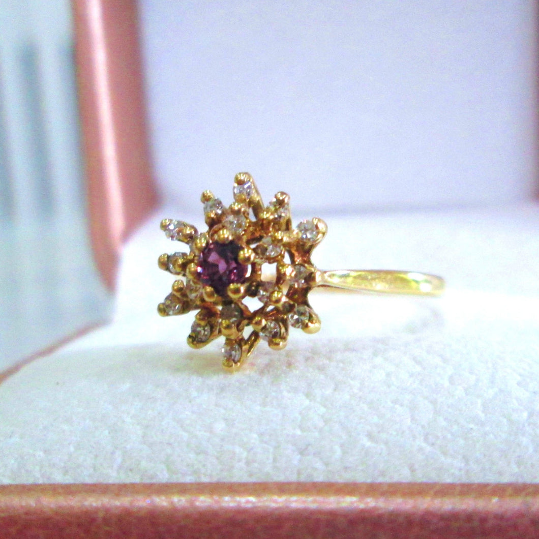 1980s 9ct Yellow Gold Ruby & Diamond Snowflake Cluster Ring