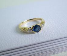 Load image into Gallery viewer, 9ct Yellow Gold Bezel Set Sapphire &amp; Diamond Trilogy Ring
