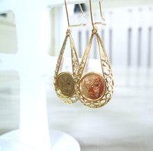 Load image into Gallery viewer, Vintage 9ct Yellow Gold Maxiliano Medallion Sovereign Dangle Drop Coin Earrings
