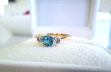 Load image into Gallery viewer, 9ct Yellow Gold &amp; Platinum Old Cut Blue Zircon &amp; Diamond Trilogy Ring
