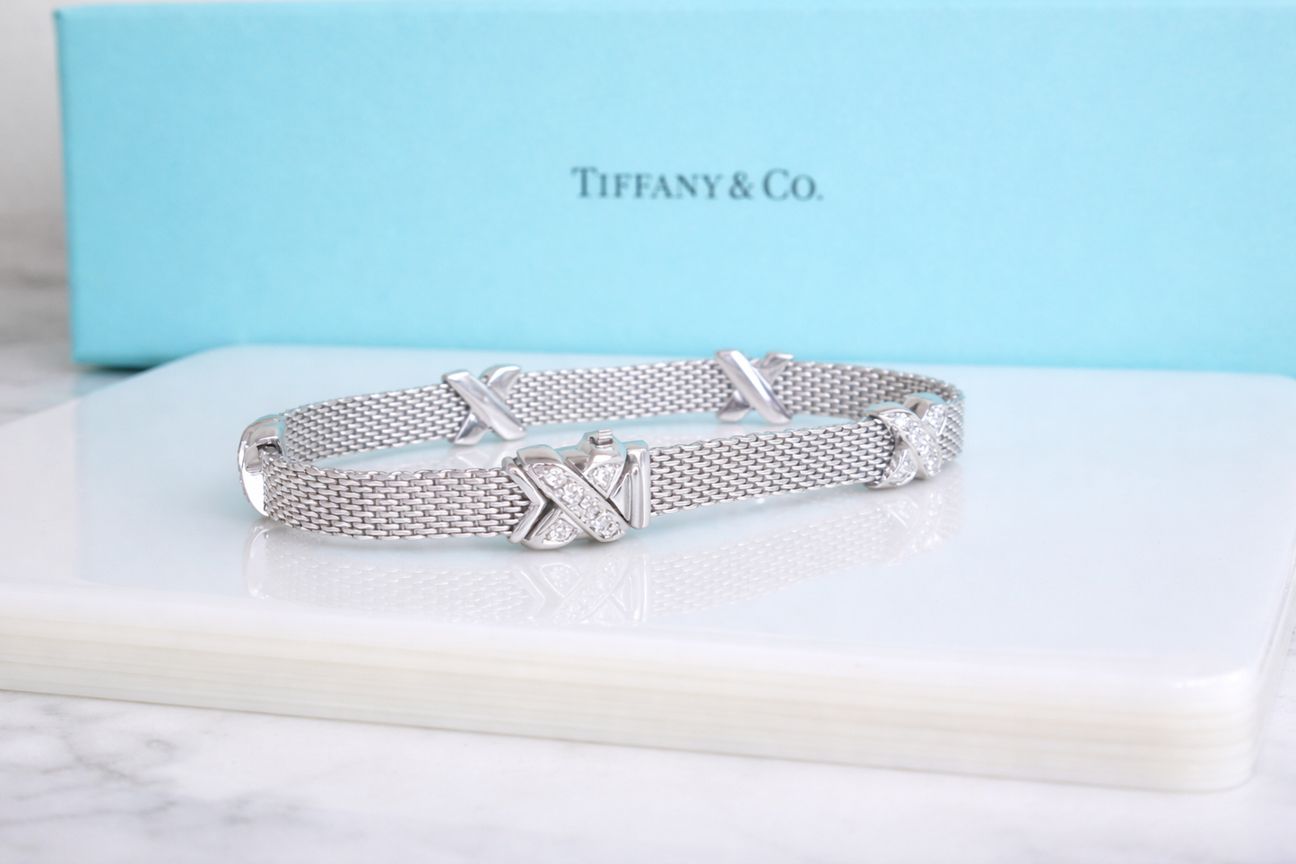 18ct White Gold Rare Designer Diamond Cross Mesh Bracelet