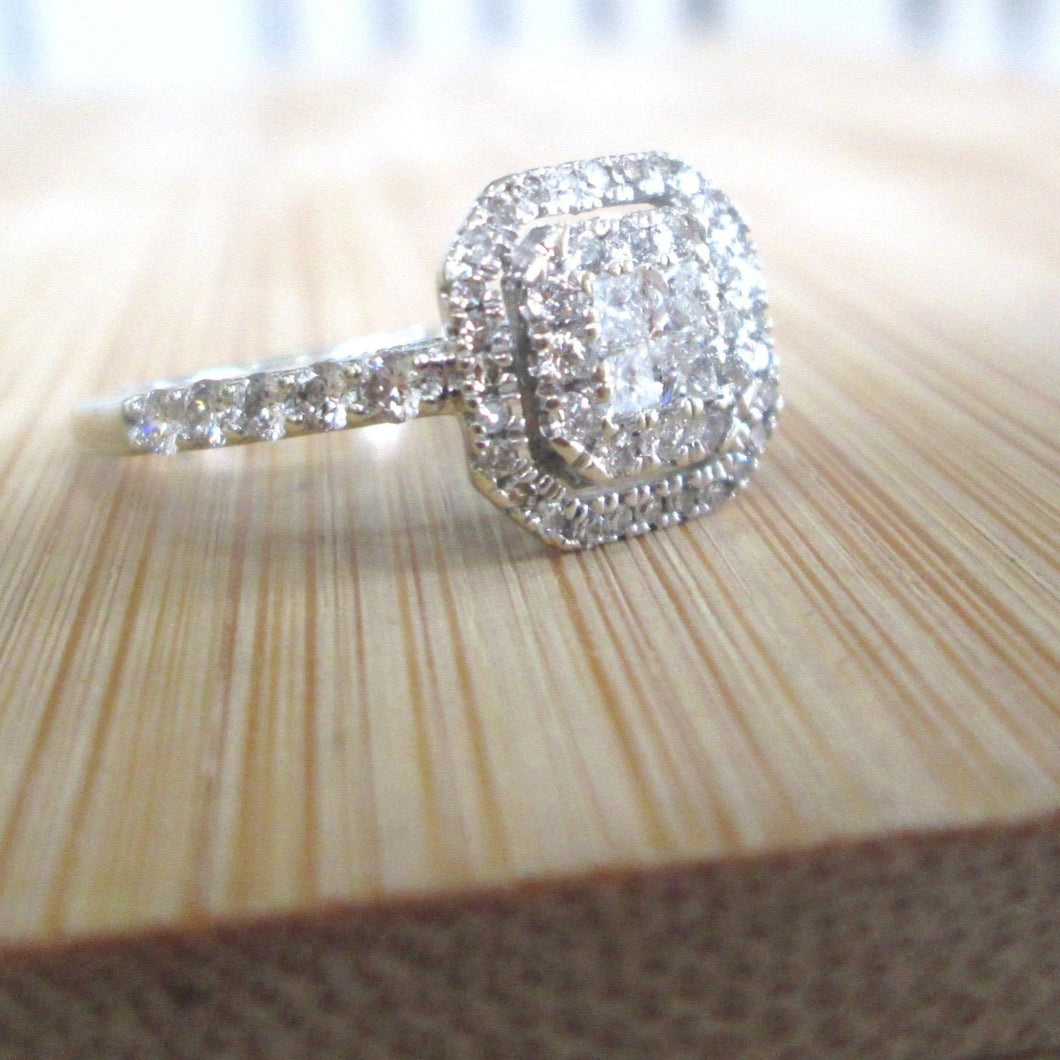 9ct White Gold Princess & Brilliant Cut Princessa Diamond Halo Cluster Ring