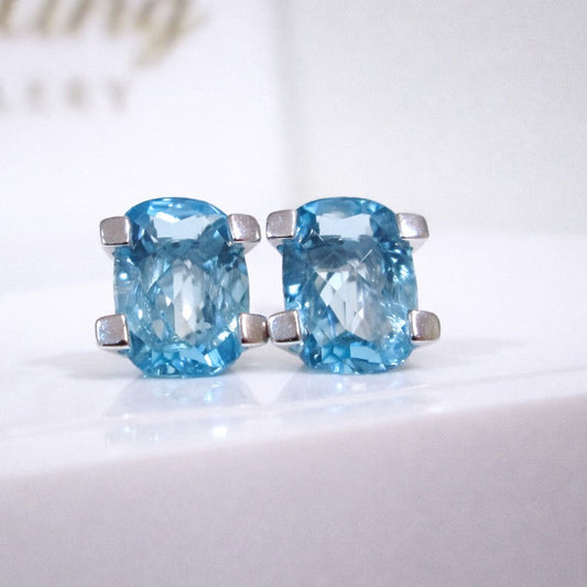18ct White Gold Large Swiss Blue Topaz Stud Earrings Checkerboard Cushion Studs