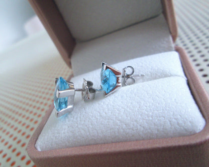 18ct White Gold Large Swiss Blue Topaz Stud Earrings Checkerboard Cushion Studs