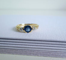 Load image into Gallery viewer, 9ct Yellow Gold Bezel Set Sapphire &amp; Diamond Trilogy Ring
