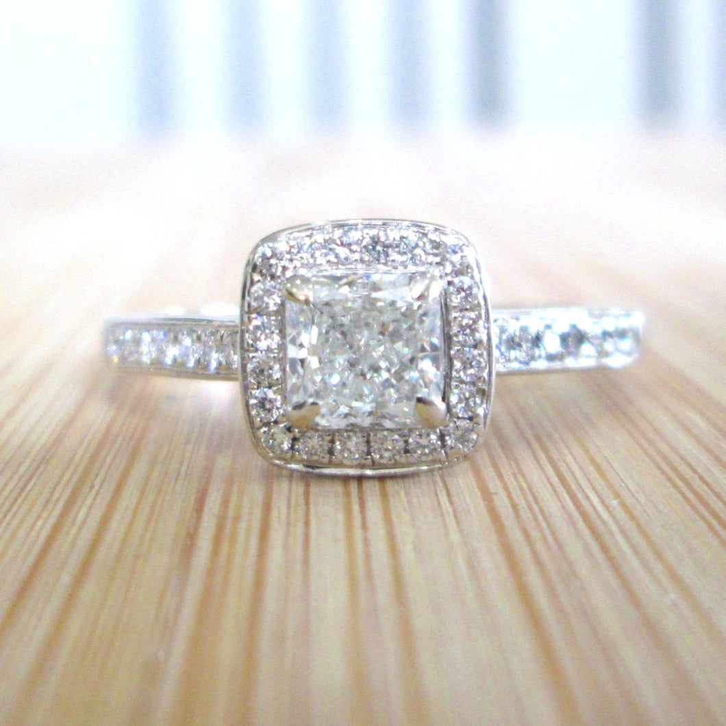 18ct White Gold .70ct Radiant Cut Diamond Halo Engagement Ring