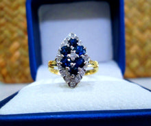 Load image into Gallery viewer, 1970s 18ct Yellow Gold Sapphire &amp; Diamond Cluster Navette Ring
