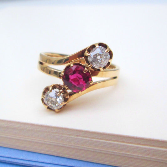 14ct Yellow Gold Old Mine Cut Ruby & Diamond Trilogy Ring
