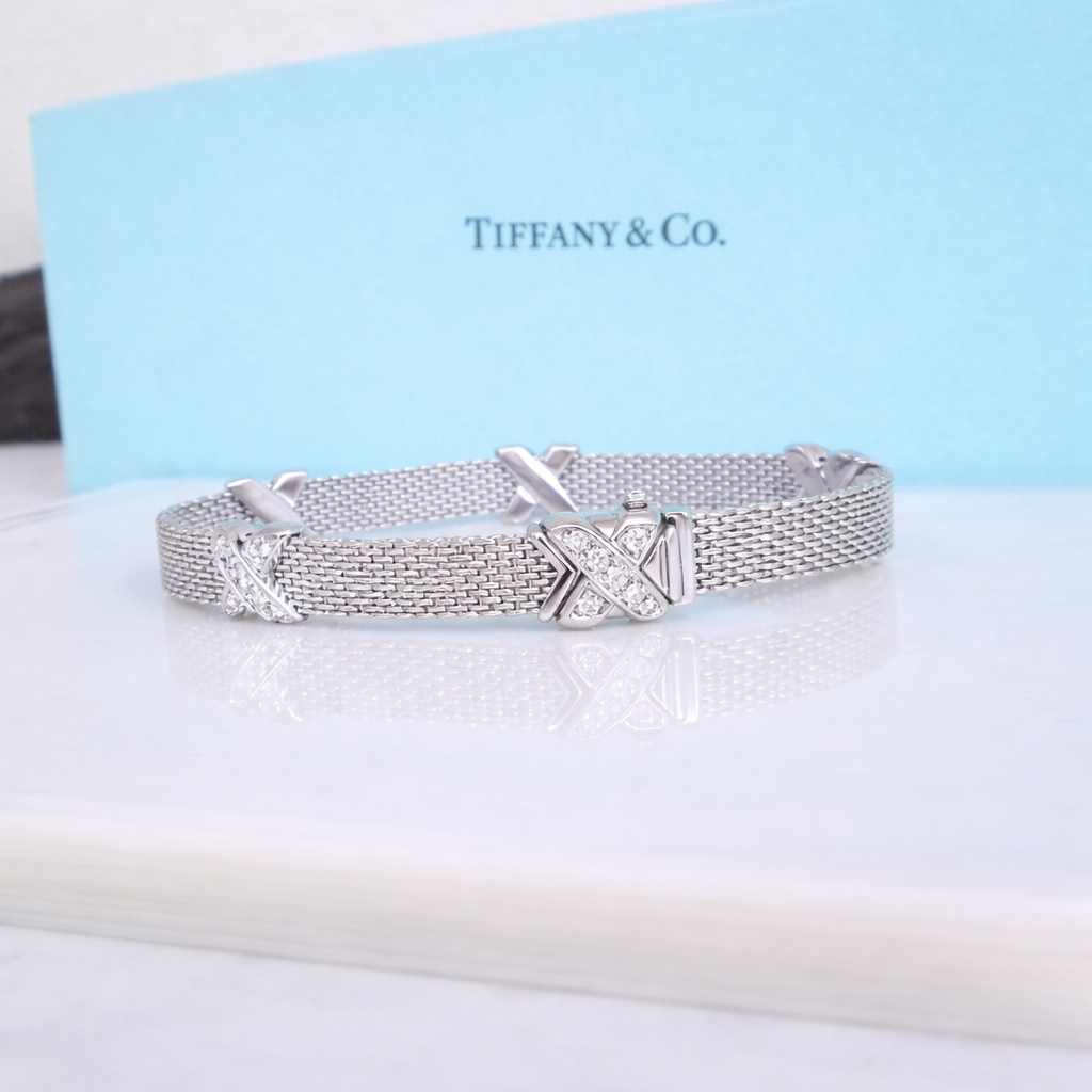 18ct White Gold Rare Designer Diamond Cross Mesh Bracelet