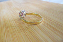 Load image into Gallery viewer, 18ct Yellow Gold Ruby &amp; Brilliant Cut Diamond Cluster Halo Ring
