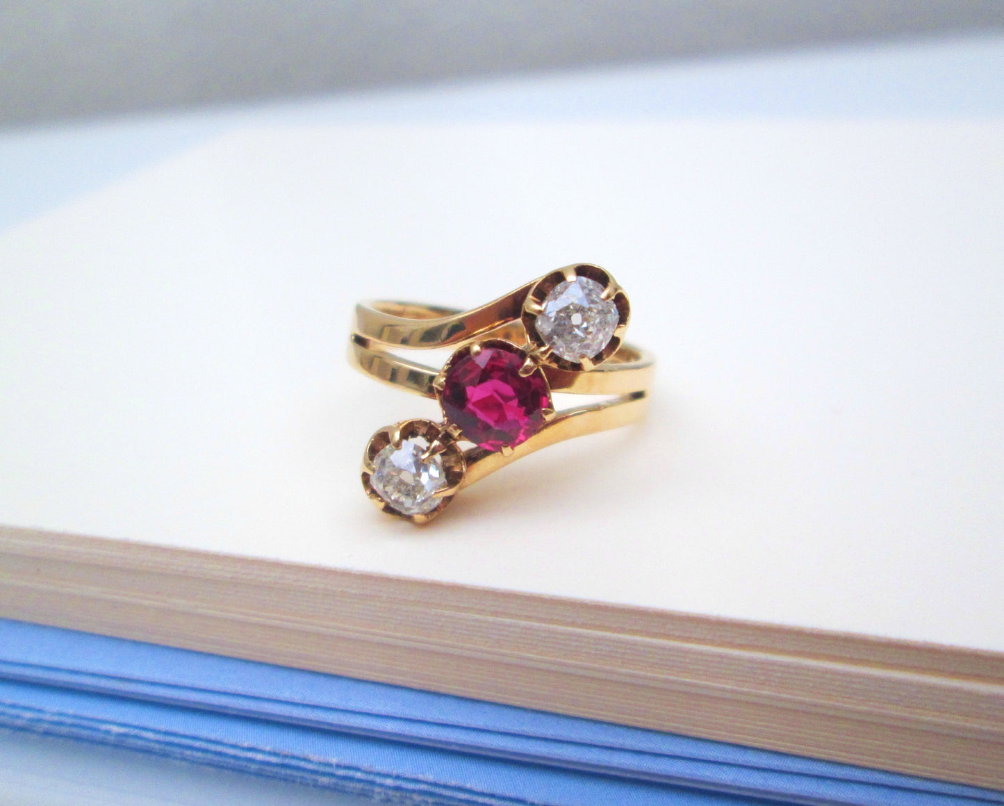 Vintage 14ct Gold Ruby & Old Mine Cut Diamond Trilogy Bypass Ring