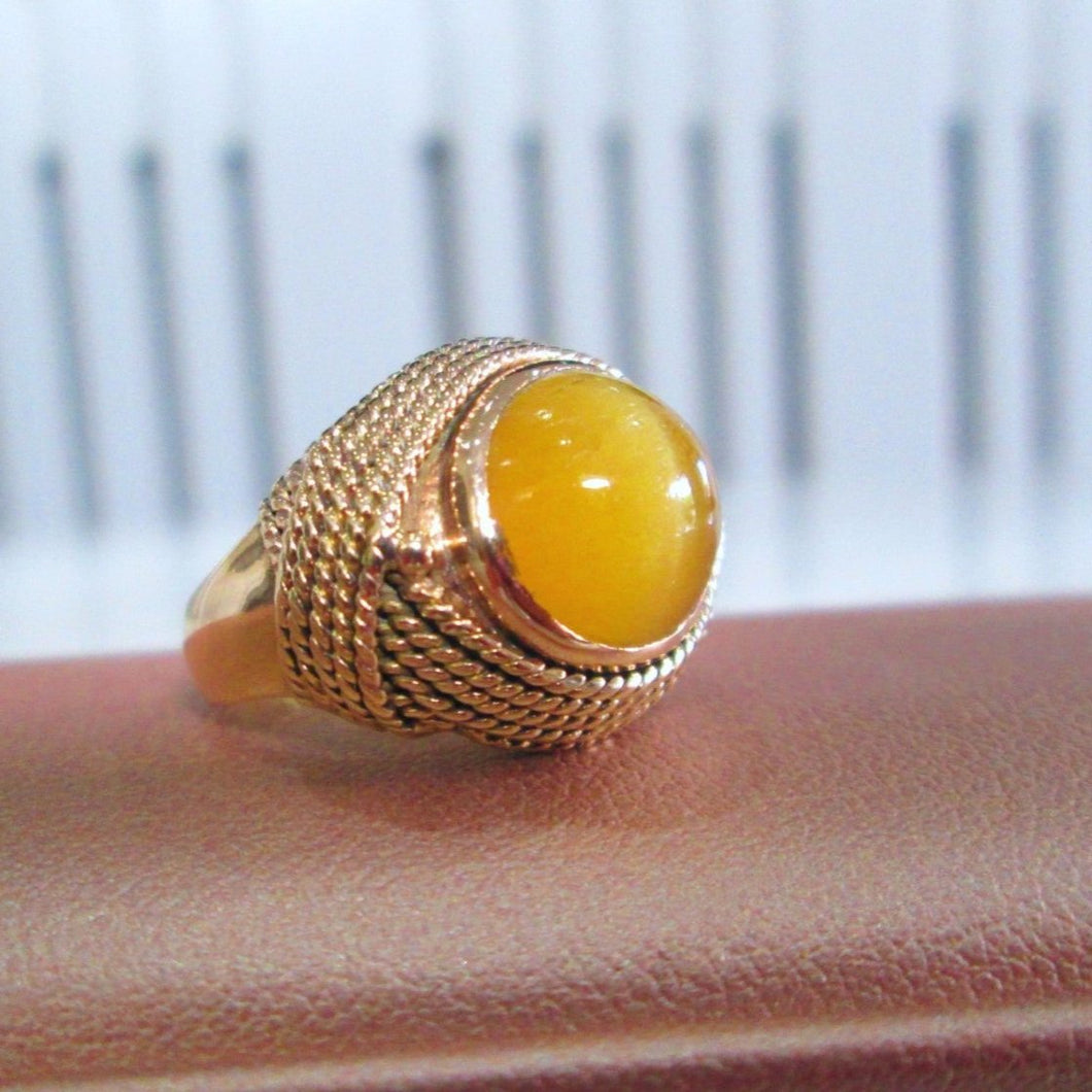 Heavy 18ct Yellow Gold Cabochon Tigers Eye Solitaire Rope Ring