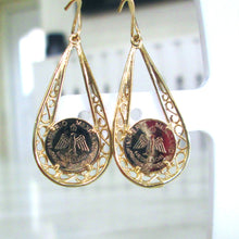 Load image into Gallery viewer, Vintage 9ct Yellow Gold Maxiliano Medallion Sovereign Dangle Drop Coin Earrings
