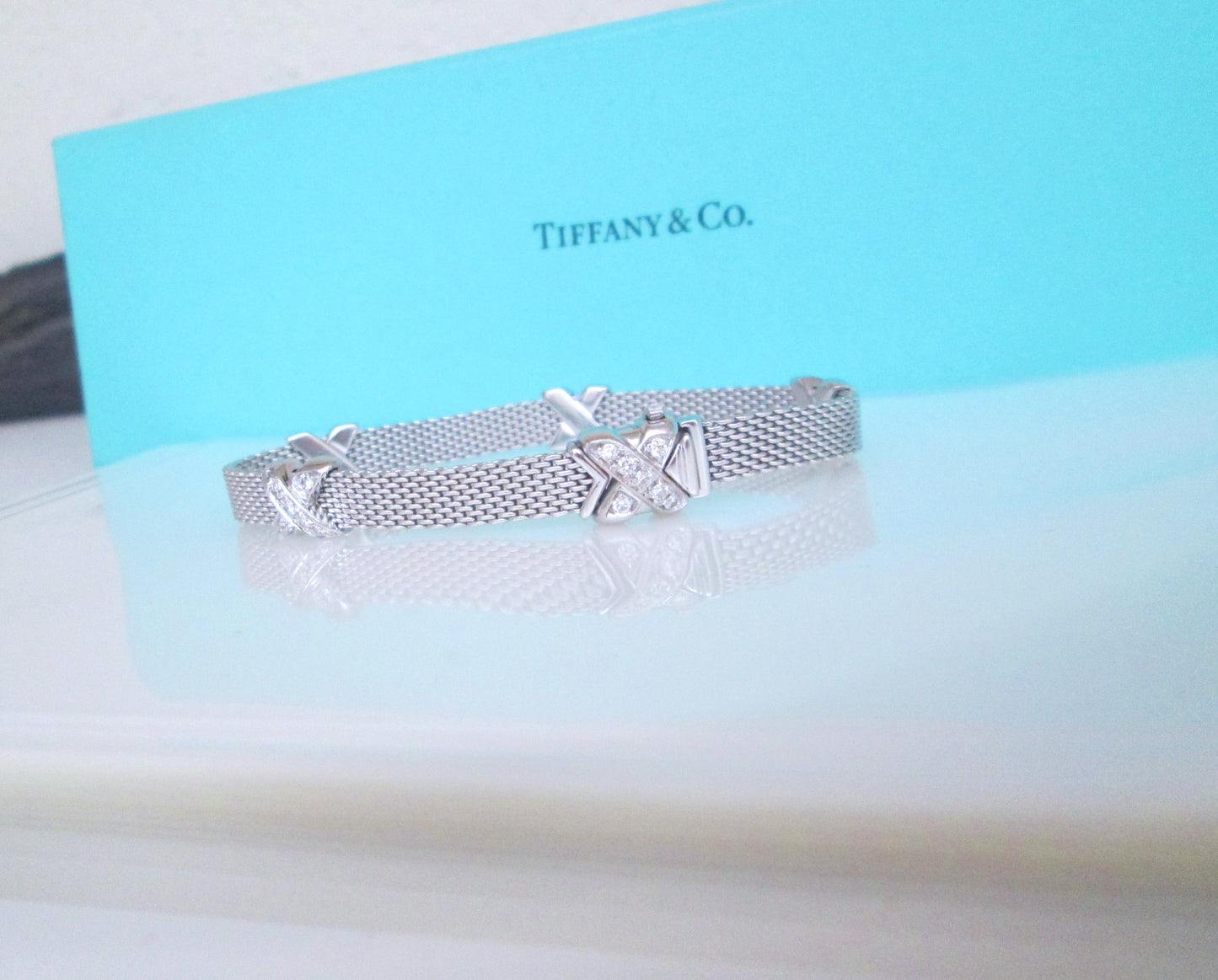 18ct White Gold Rare Designer Diamond Cross Mesh Bracelet