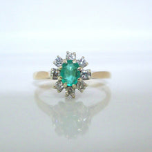 Load image into Gallery viewer, 1980s 9ct Yellow Gold Oval Cut Emerald &amp; Diamond Cluster Halo Ring
