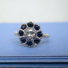 Load image into Gallery viewer, 1970s 18ct Yellow Gold Old Cut Diamond &amp; Sapphire Cluster Ring
