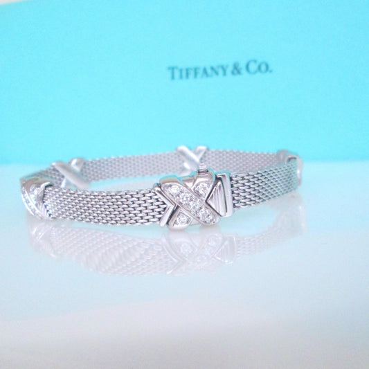 18ct White Gold Rare Designer Diamond Cross Mesh Bracelet