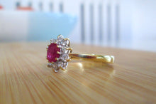 Load image into Gallery viewer, 18ct Yellow Gold Ruby &amp; Brilliant Cut Diamond Cluster Halo Ring
