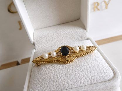 Edwardian-Style 9ct Yellow Gold Sapphire & Pearl Bar Pin Brooch