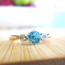 Load image into Gallery viewer, 9ct Yellow Gold &amp; Platinum Old Cut Blue Zircon &amp; Diamond Trilogy Ring
