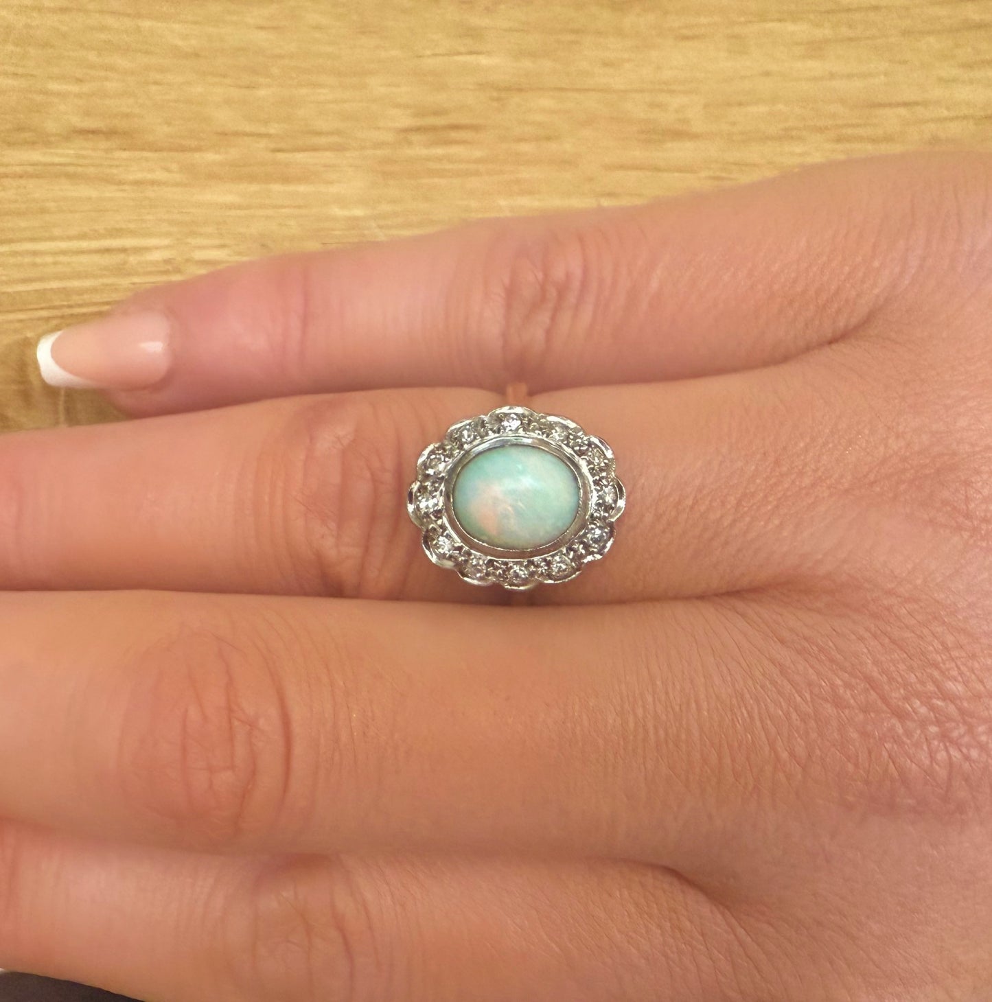 18ct Yellow Gold & Platinum Opal & Diamond Halo Cluster Ring