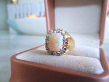 Load image into Gallery viewer, 18ct Heavy Yellow Gold Solid Opal &amp; Diamond Halo Cluster Ring
