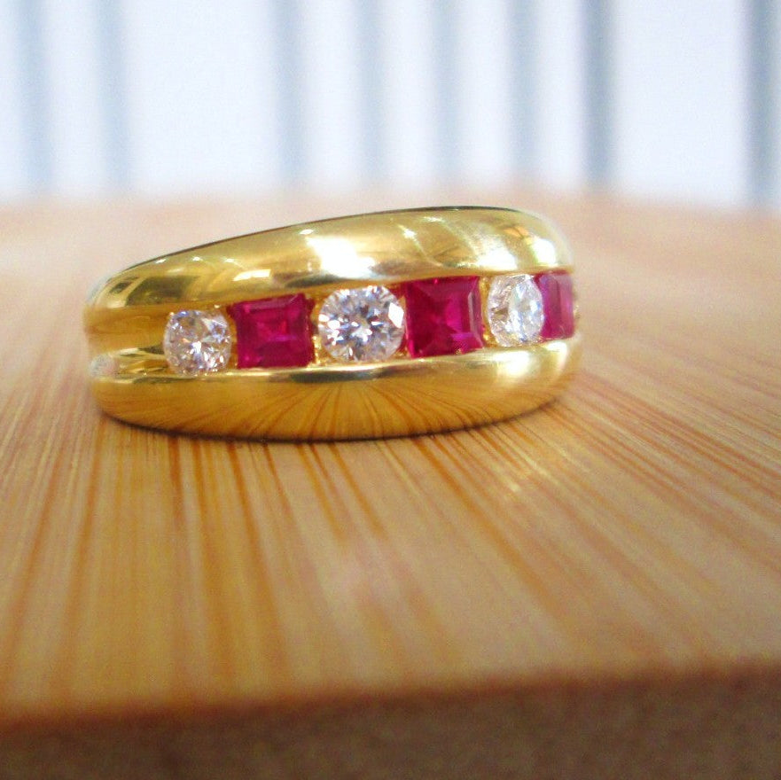 18ct Yellow Gold Ruby & Diamond Channel Set Chunky Half Eternity Ring