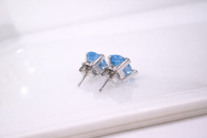 18ct White Gold Large Swiss Blue Topaz Stud Earrings Checkerboard Cushion Studs