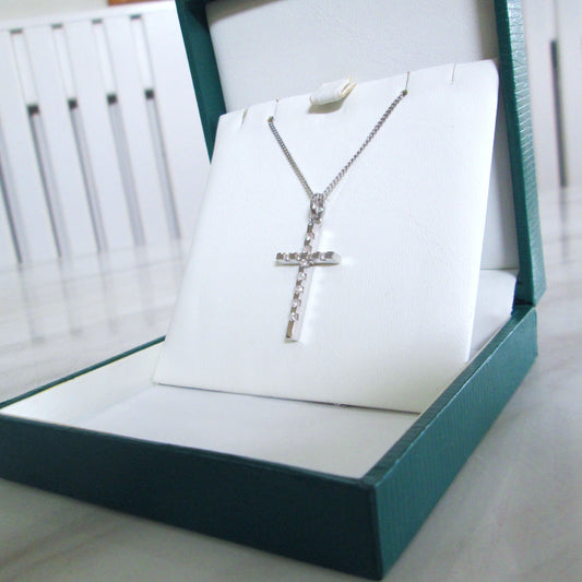 9ct White Gold Diamond Cross Necklace – 18” Chain | Vintage Darling Jewellery