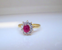 Load image into Gallery viewer, 18ct Yellow Gold Ruby &amp; Brilliant Cut Diamond Cluster Halo Ring
