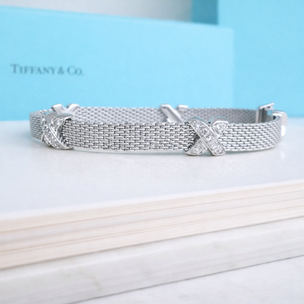 18ct White Gold Rare Designer Diamond Cross Mesh Bracelet